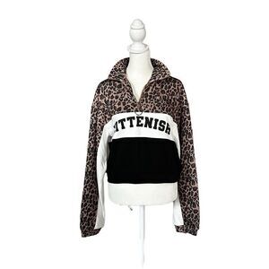 Kittenish Animal Print Color Block Oversized 1/4 Zip Cropped Pullover Small